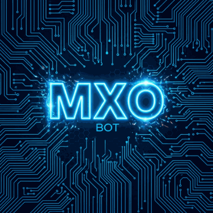 Logo von MXO Bot: neonblauer Schriftzug „MXO BOT“ auf dunklem Platinen-Hintergrund